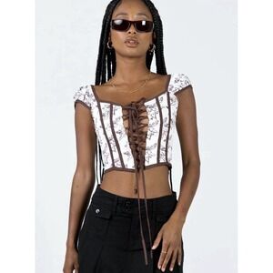 Princess Polly Cupid Corset Top White Brown Lace Up Bustier Coquette Y2K Size 6